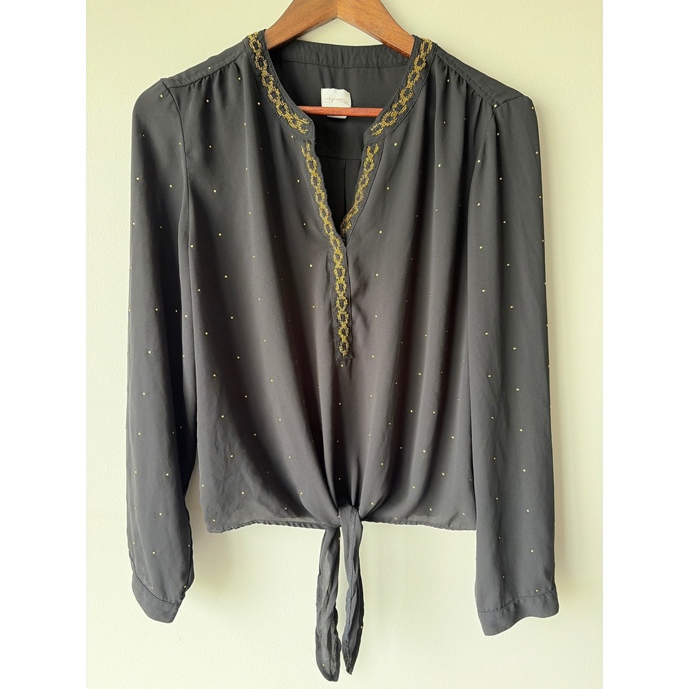 Chicos Black Gold Beaded Studded Tie Front Blouse Top Size Large Split Neck